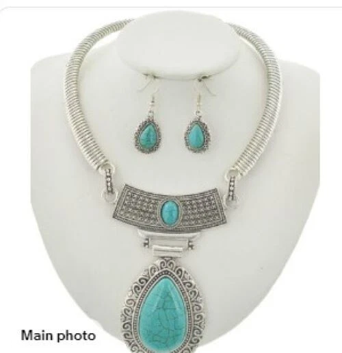 Juego de aretes collar turquesa imitación azul lágrima cuentas plata declaración gargantilla Foto 4 de 4