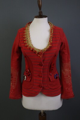 SAVE THE QUEEN Red Striped Floral Knit Bodycon Cardigan Sweater Size S