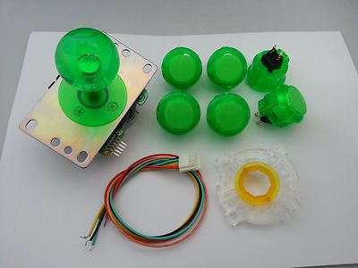 JAPAN Sanwa Clear Green Joystick GT-Y Wire Push-buttons x 6 Video Game Parts Set
