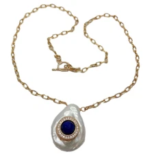 Cultured White Coin Pearl Cz Pave Blue Lapis Charm Chain Necklace 17"