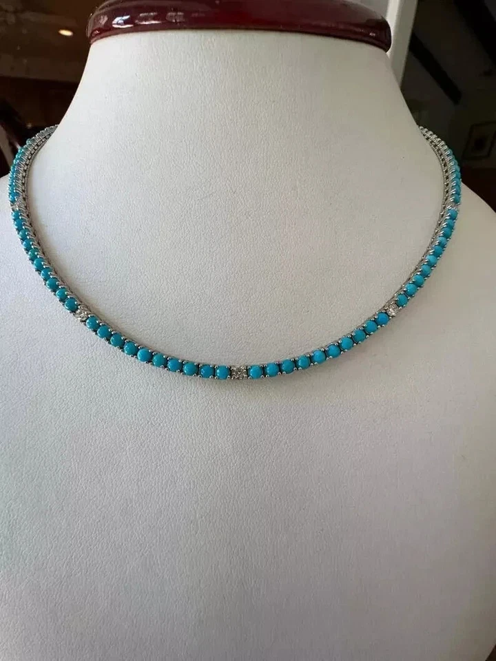Collar Tenis Turquesa Corte Redondo 4mm Creado en Laboratorio 18" en Chapado en Oro Blanco 14K Foto 4 de 4