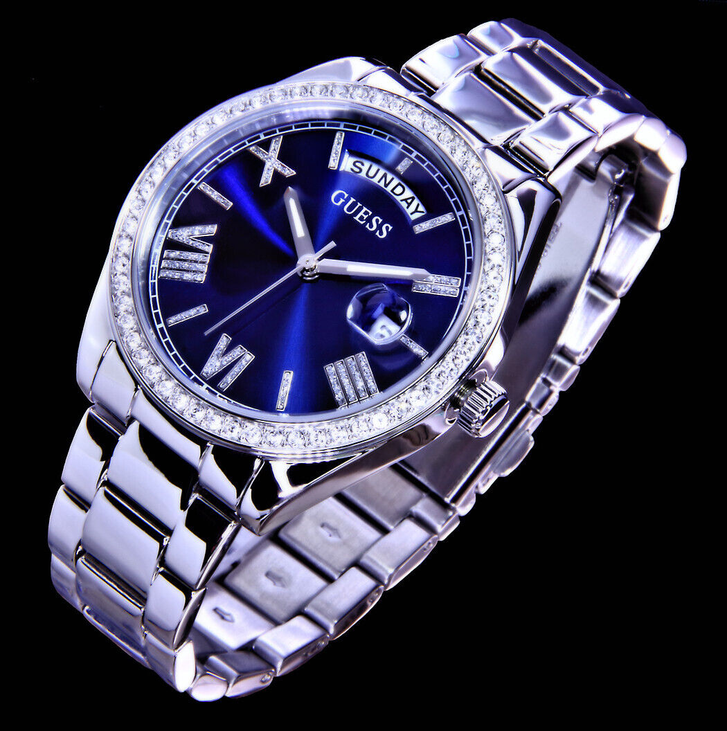 GUESS Damen Armband Frauen Uhr Blau Silber Farben Edelstahl Strass Tag Datum
