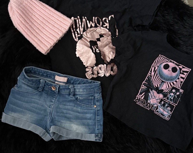 3 Lot Girl's M Jack Skellington Disney, T-Shirts Denim Squeeze Shorts, Beanie