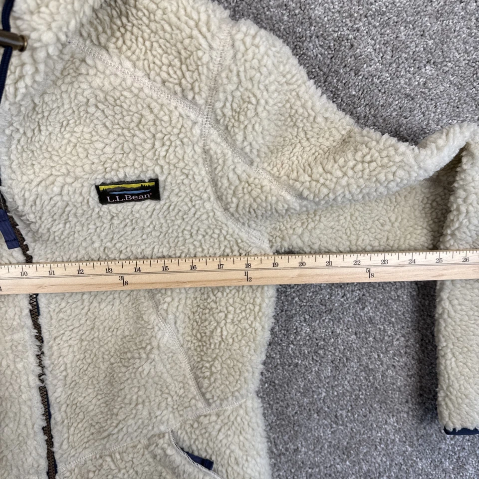Abrigo Chaqueta Larga Sherpa Polar LL Bean Mountain Pile Para Mujer Pequeña Beige Azul Marino Foto 4 de 4