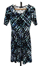 Apt. 9 Blue Dress Geometric XS Knee Length A-Line Pocket Stretch Bold Careercore