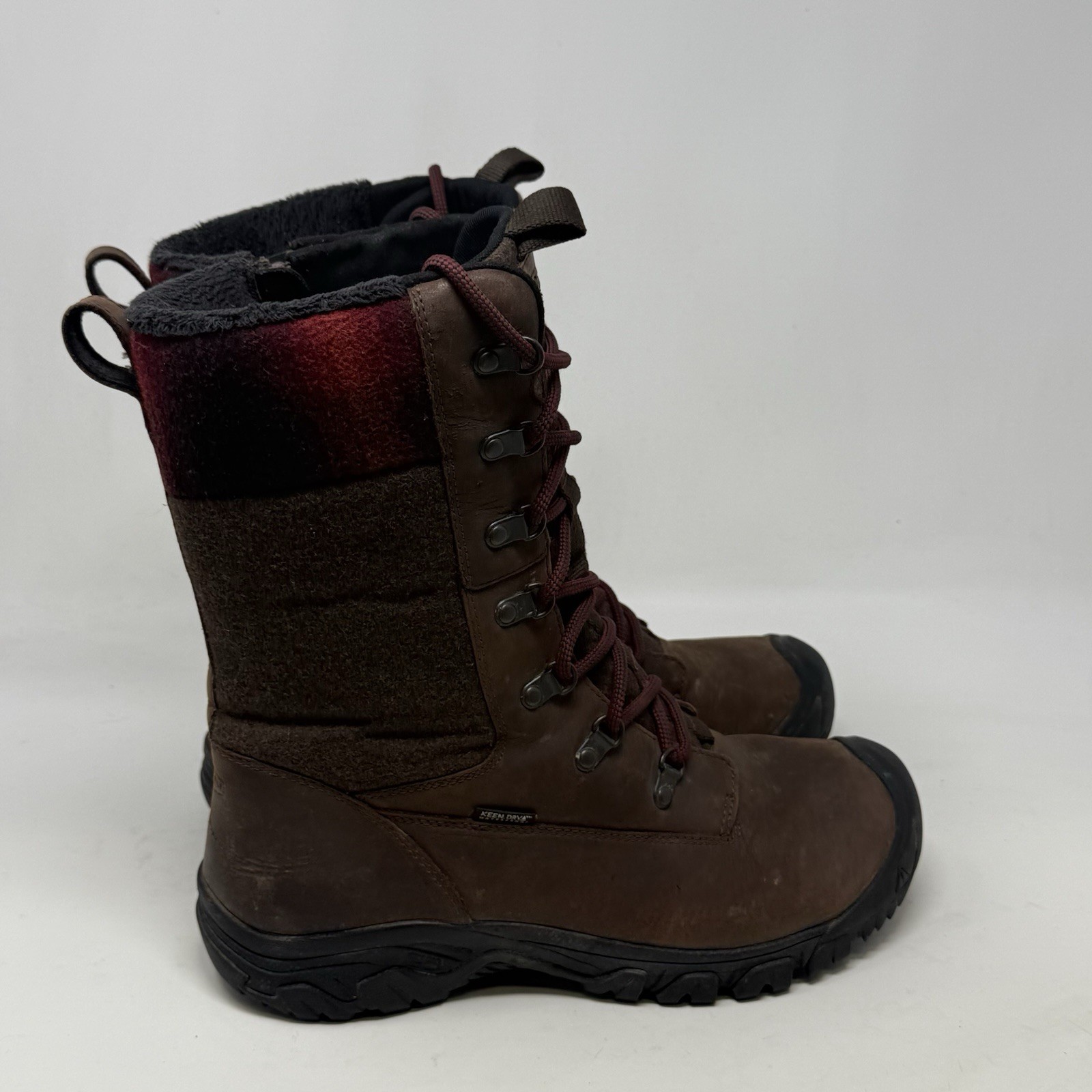 Stivali impermeabili KEEN Greta donna 9 5 pelle marrone isolati metà polpaccio zip laterale