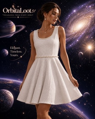 Karl Lagerfeld Paris Elegant White Tweed Fit & Flare Dress W/ Pearl  MSRP $158
