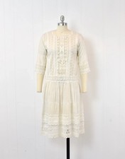 Antique Early 1920s White Eyelet Lace Sheer Cotton Drop Waist Flapper Lawn Dress