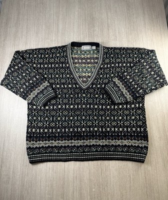 Concrete Herren V-Neck Pullover Fair Isle Strick Wollmischung XXL schwarz grün Vintage