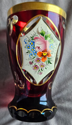 Vase en cristal de Bohme overlay rouge taill , dor et maill de fleurs  | eBay
