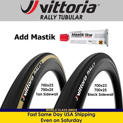 Vittoria Rally Tubular Tires 700x23, 25 Black or Tan Add Mastik One Tubular Glue