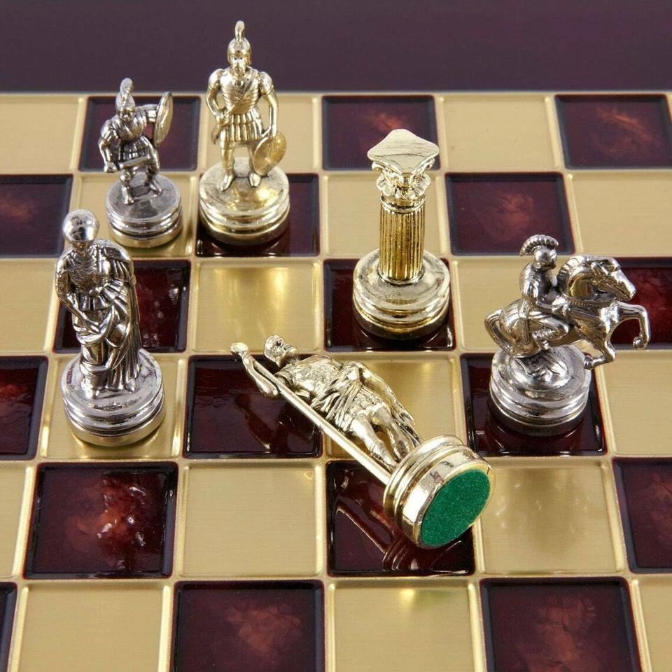 Manopoulos Greek Roman Army Chess Set - Brass Nickel Pawns - Red chess Board - Image 3 of 4