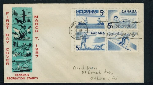 Canada #365-68 1957 5¢ Sports se-tenant block on Personal private cachet FDC VF
