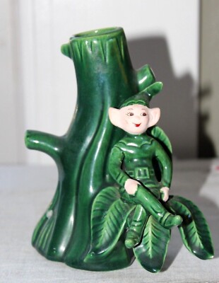 TREASURE CRAFT California Green PIXIE Elf On Tree Planter Vase Vintage Sprite