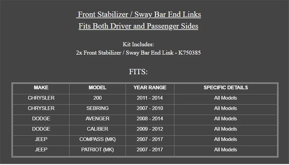 Пара (2) звеньев стабилизатора переднего стабилизатора подвески подходит для Chrysler 200 2011 2012-2014 годов выпуска - Изображение 2 из 4
