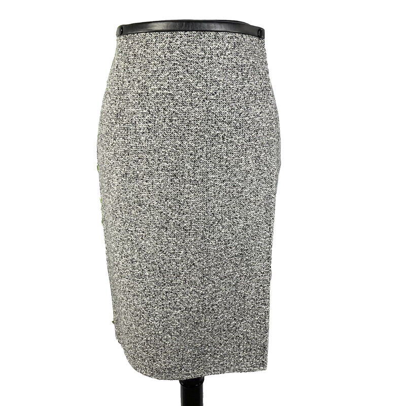 Worth Skirt size 4 Black Gray Wool Tweed Wrap Knee Faux Leather Career Modest