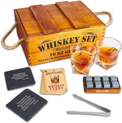 Mixology Whiskey Gift Set, Whiskey Glass Set with Rustic Wooden Crate, 8 Granite