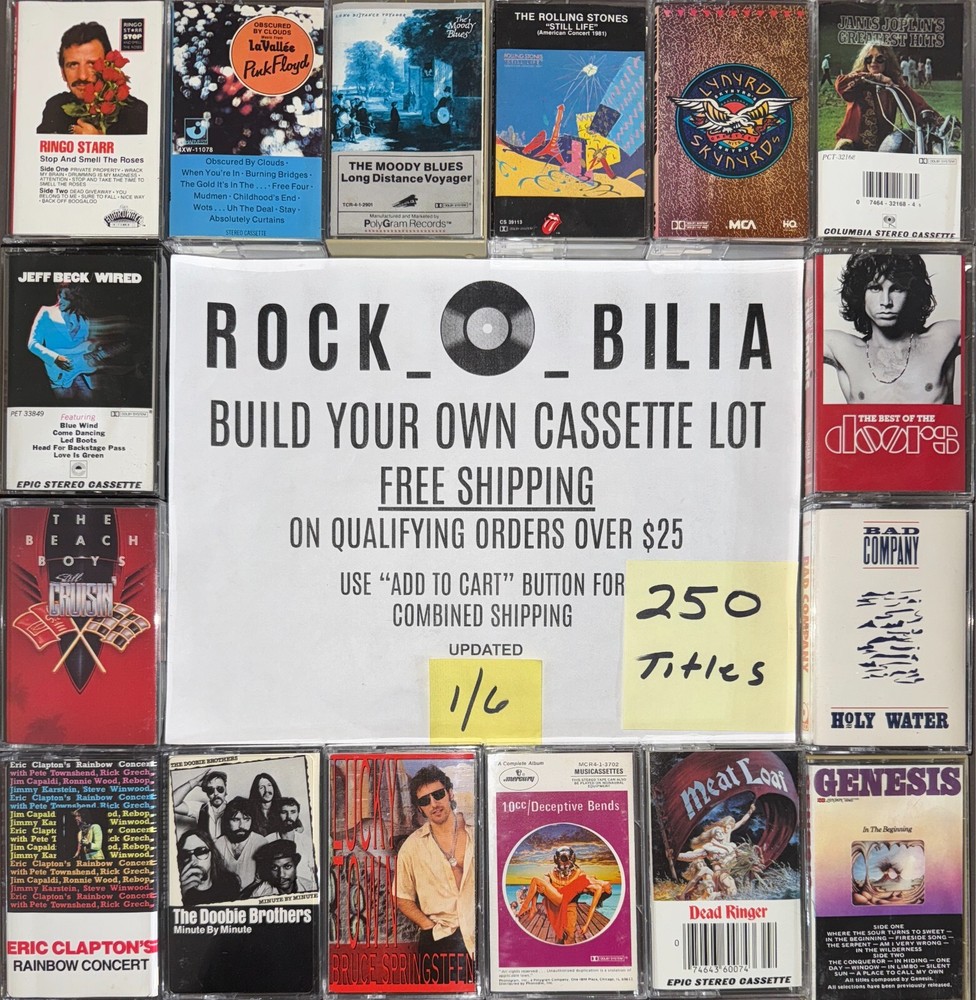 $1 TO $5 60s-70s ROCK PSYCH BUY $25 GET FREE SHIP BUILD YOUR CASSETTE TAPE LOT