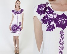 White Cotton Mexican Birds Cover Up Vtg Hand Embroidered Kaftan Sundress Dress