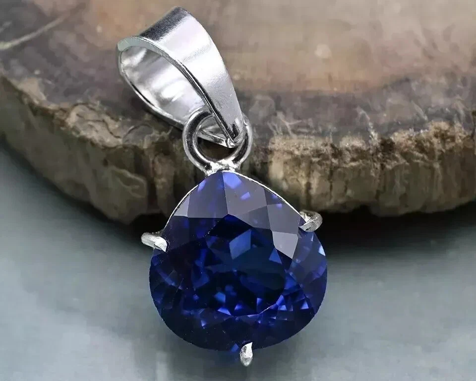 37 CT Naturale Zaffiro Blu Certificato Taglio a Pera 925 Solido Argento Pendente - Immagine 2 di 4