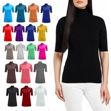 New Womens SHORT SLEEVE Polo Roll trutle Neck Plain Stretch Jumper Top (8 -26)