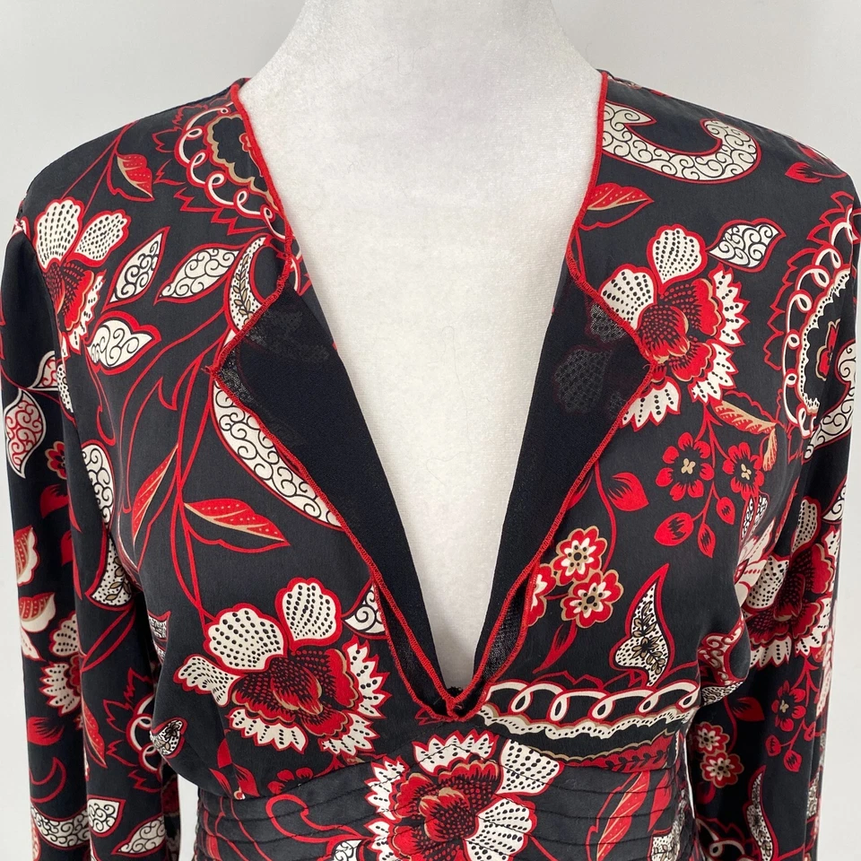 INC Blouse Sz 10 Red Black Abstract Floral Sheer 100% Silk Belt Tie Bell Sleeve - Image 2 of 4