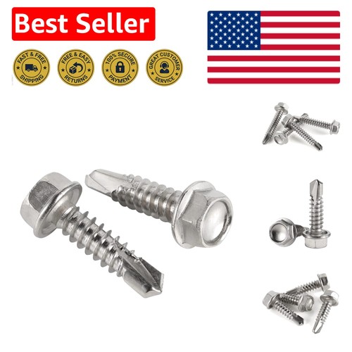 100 PCS #10 x 3/4" Hex Washer Head Self-Drilling Screws - 410 Stainless Steel - Picture 1 of 8