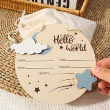 &ldquo;Hello World&rdquo; Birth Announcement Plaque &mdash; Wooden Baby Name Sign | Newborn Photo