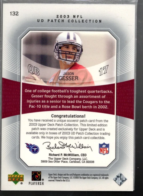 A5131- 2003 UD Patch Collection #132 Jason Gesser RI RC - NM-MT ROOKIE CARD - Image 2 of 2