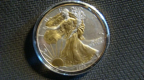 2009 American Silver Eagle W/ Gold Guilding 1oz Fine Silver From A Local Estate