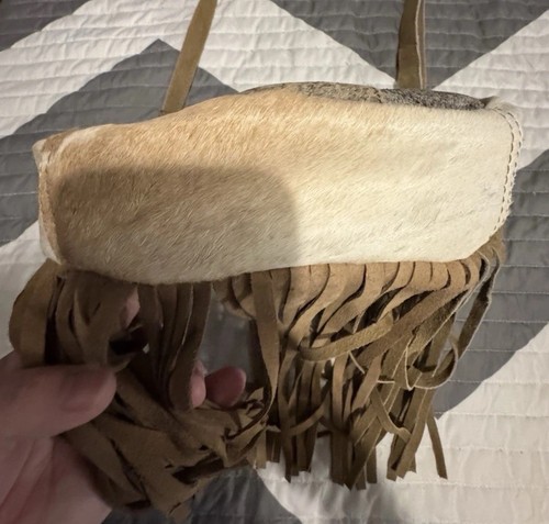 Leather Crossbody Bag W/Hsir On Cowhide Teal Lacing & Fringe NEW - Picture 7 of 14