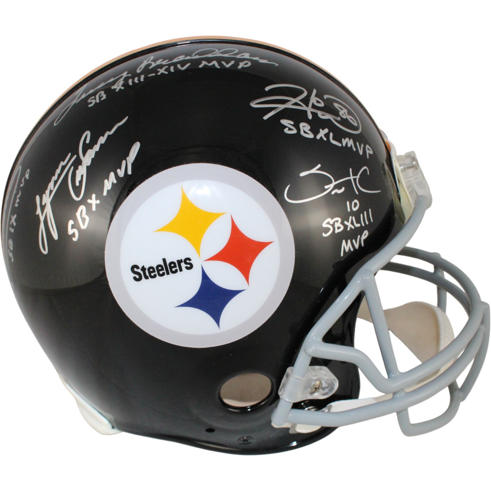 Super Bowl MVP Autographed Signed Pittsburgh Steelers Franco Harris Bradshaw Swann Ward +1 Steelers Pro Helmet SB MVP BAS 53566 