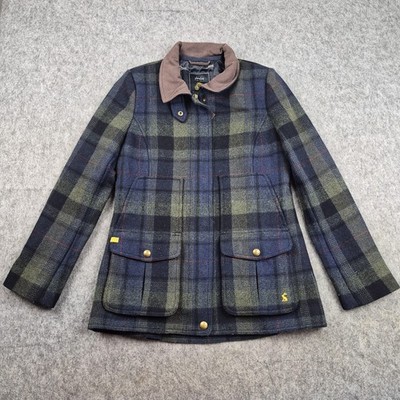 Joules Coat Womens UK 12 Blue Green Fieldcoat Tweed Check Country Outdoor