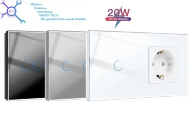 SMART-TEC24 Glas Lichtschalter mit Steckdose + App Steuerung + Thermostat + USB Wechsel