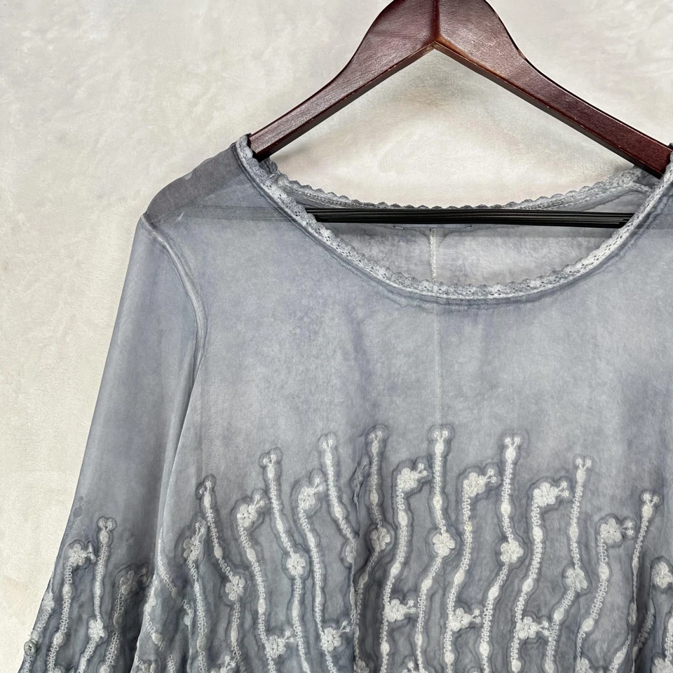 Blusa Tempo Paris Mujer Grande Gris Seda Bordada Encaje Túnica Asimétrica Foto 2 de 4
