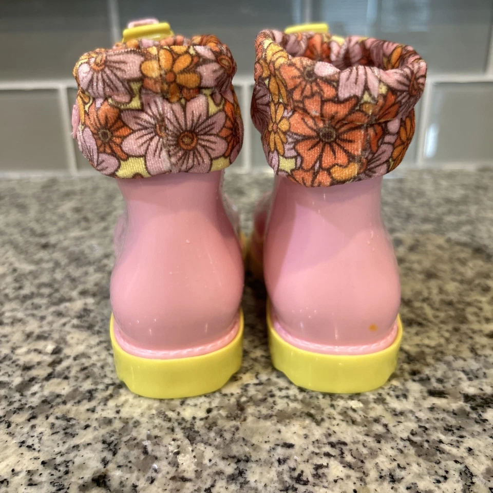Mini Melissa Botas de Lluvia III BB Talla 7 Rosa Amarillo Nuevas Sin Caja Foto 4 de 4