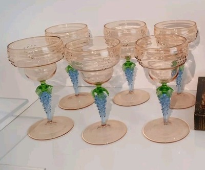 (K28) 6x Lauscha Bimini ART DECO Weingläser Weintrauben Glas Selten Lachsfarben