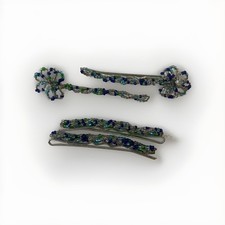 Blue Turquoise White Beaded Flower Hair Pins Bobby Pin Set Of 4