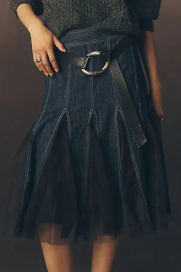 Falda Media Anthropologie Pilcro Tul Godet Denim Reino Unido 14 Azul Negro Línea A
