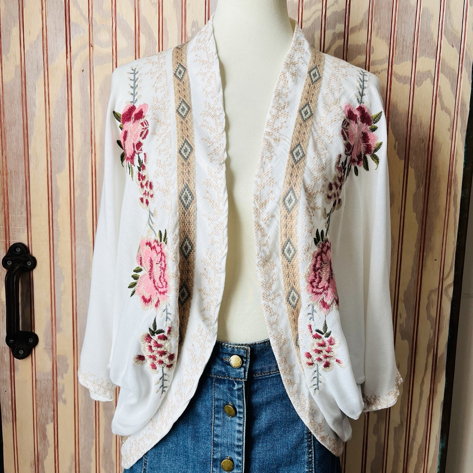 Paparazzi Boho Floral Embroidered Kimono Cardigan Lightweight Duster Size S/M