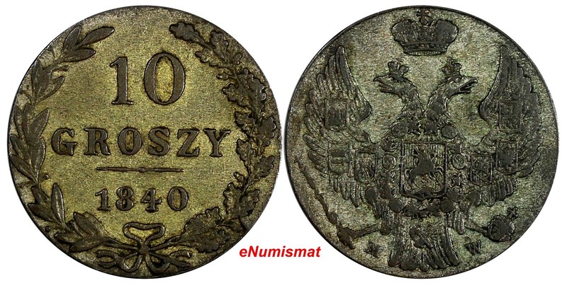 Poland Nicholas I Silver 1840 MW 10 Groszy Warszawa mint  aXF  C# 113a (12 020)