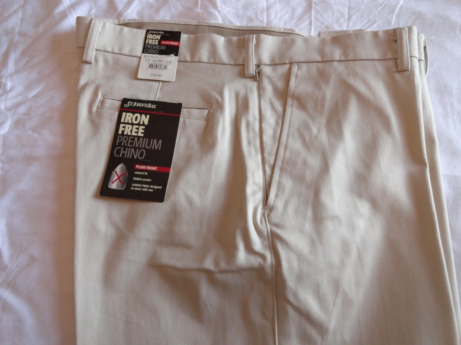 NWT ST JOHNS BAY Classic Straight Fit FLAT FRONT CHINOS Pants Khaki Mens 42 x 32