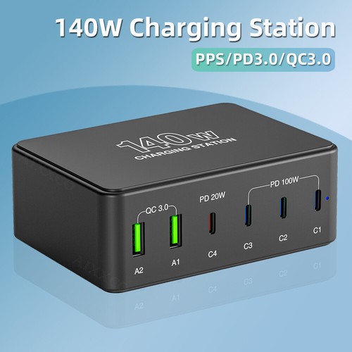 6 Ports 140W Multi USB C Ladegerät QC3.0 Typ C PD 100W Schnellladestation - Bild 1 von 9