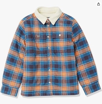Amazon Essentials Boys Blue/Orange Plaid Flannel Shirt Jacket Size- S - New