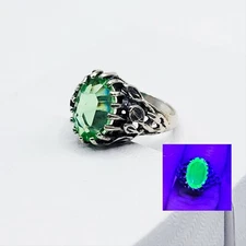 Sterling Uranium Glass Ring Leaves Branches Green Faceted Oval 925 Silver