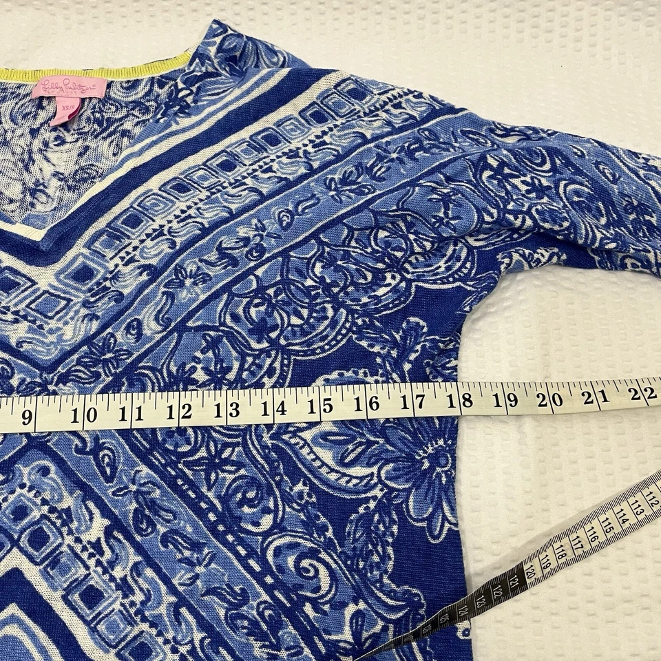 Lilly Pulitzer 上衣束腰外衣风格蓝色 3/4 袖 V 领 100% 亚麻针织尺寸- XS/S — 第 4/4 张图片