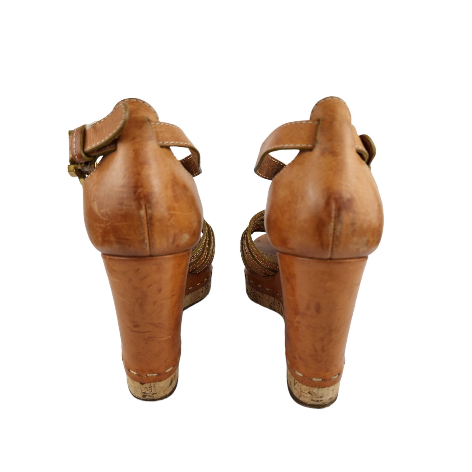 Chloe Tan Leather Wedge Platform Ankle Strap Sandals Gem