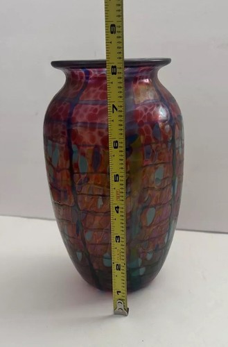 Vintage 1997 David Tate mundgeblasene Kunstglas Vase irisierend signiert orange blau rot - Bild 9 von 16