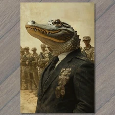 POSTCARD Alligator Military Uniform Surreal Scene Soldier Weird Army Retro Suit
