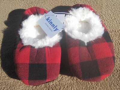 Kinnly Red And Black Plaid Slippers With White Fur Lining Kids Toddler 5-6 NEW